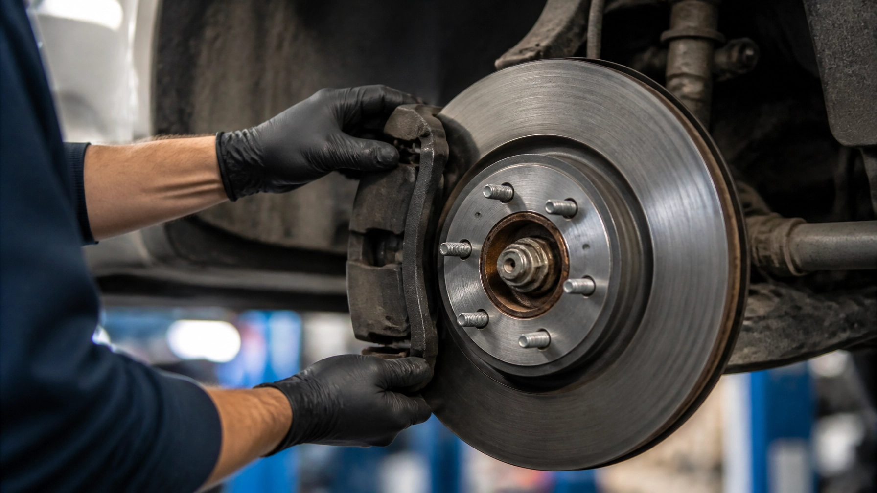 Technician inspecting car brake disc during auto repair service.