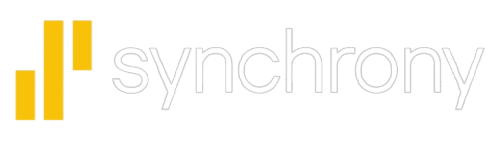 Synchronization logo with yellow bars and white text on black background.