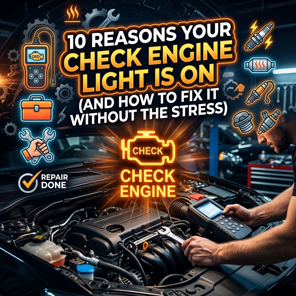 Car mechanic diagnosing engine with scan tool under hood.