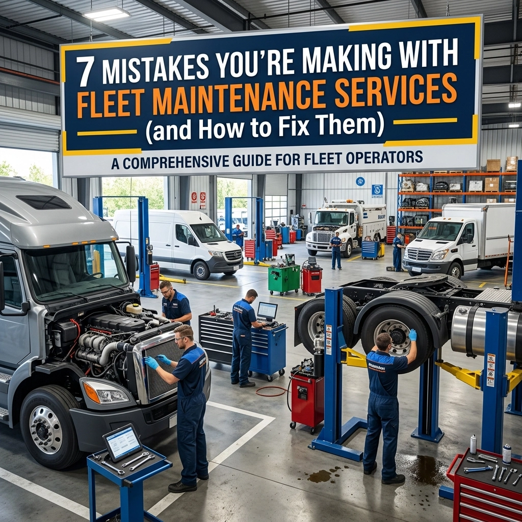 Truck maintenance workshop with technicians working on fleet vehicles.
