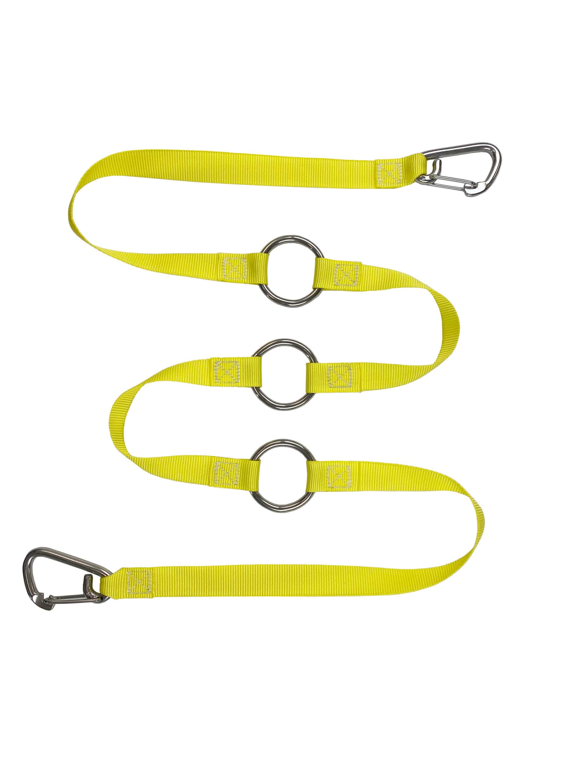 Ladder restraint webbing strap with karabiners and anchor rings
