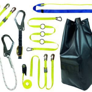 Ladder restraint kit with harness, rope grab, lanyards and safety components
