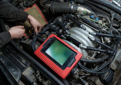 Car engine diagnostic scanner testing vehicle engine health and performance.