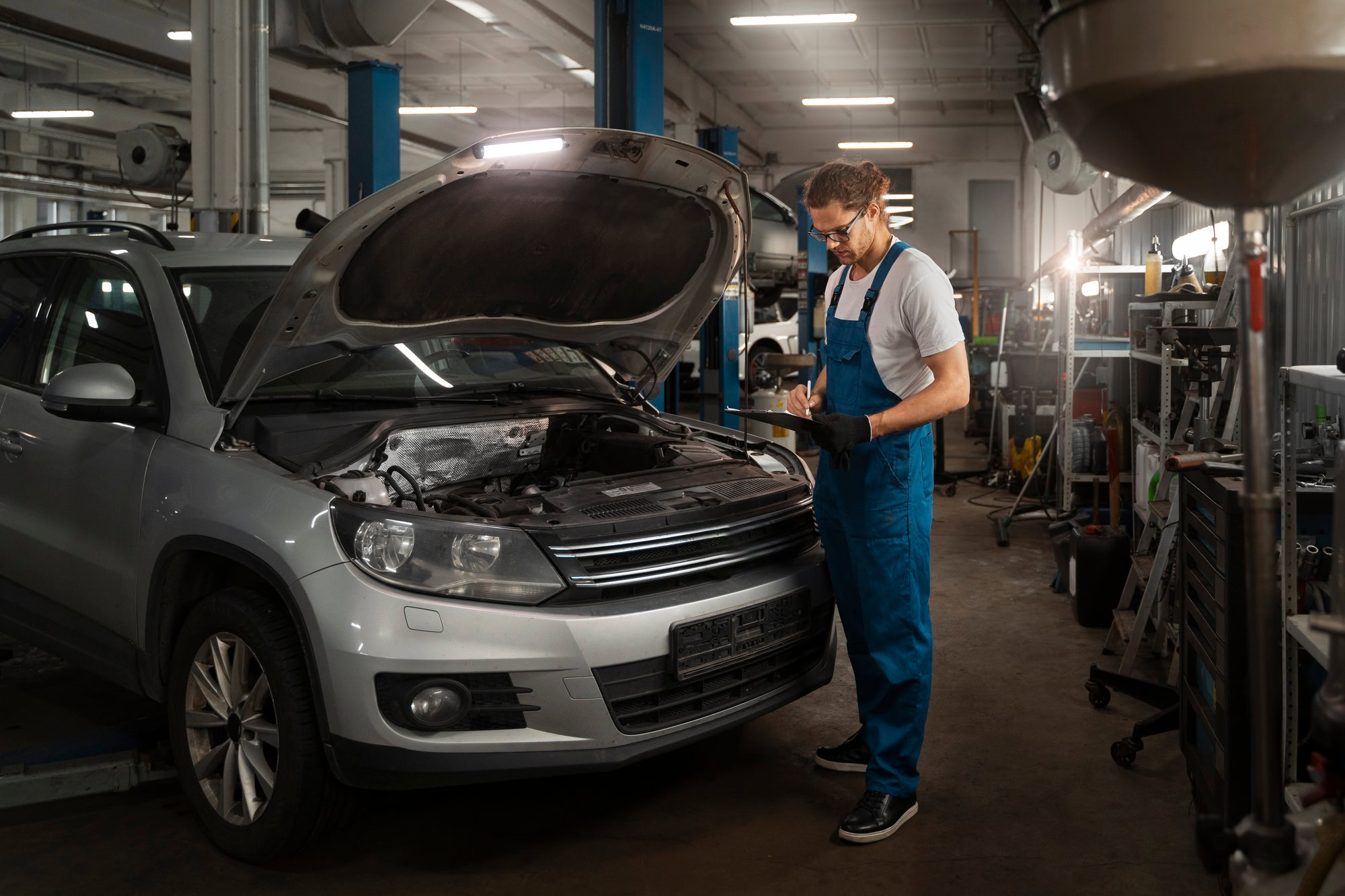 Auto mechanic inspecting a car engine in a professional repair shop.