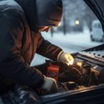 Car battery and engine components in cold weather at Motor Solution.