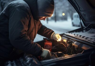 Car battery and engine components in cold weather at Motor Solution.