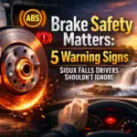 Warning signs for brake safety and ABS system importance for safe driving.