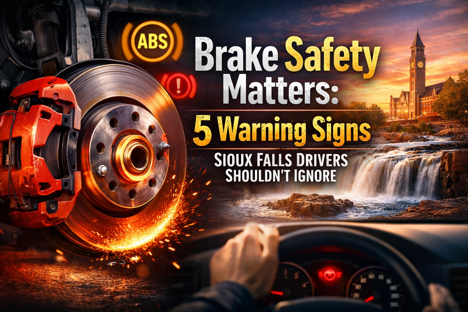 Warning signs for brake safety and ABS system importance for safe driving.