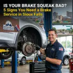 Auto mechanic inspecting brake system at Sioux Falls repair shop.