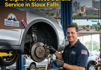 Auto mechanic inspecting brake system at Sioux Falls repair shop.
