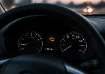 Close-up of car dashboard showing check engine light illuminated.