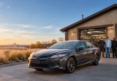 Sleek gray sedan parked outside Motor Solution dealership at sunset.