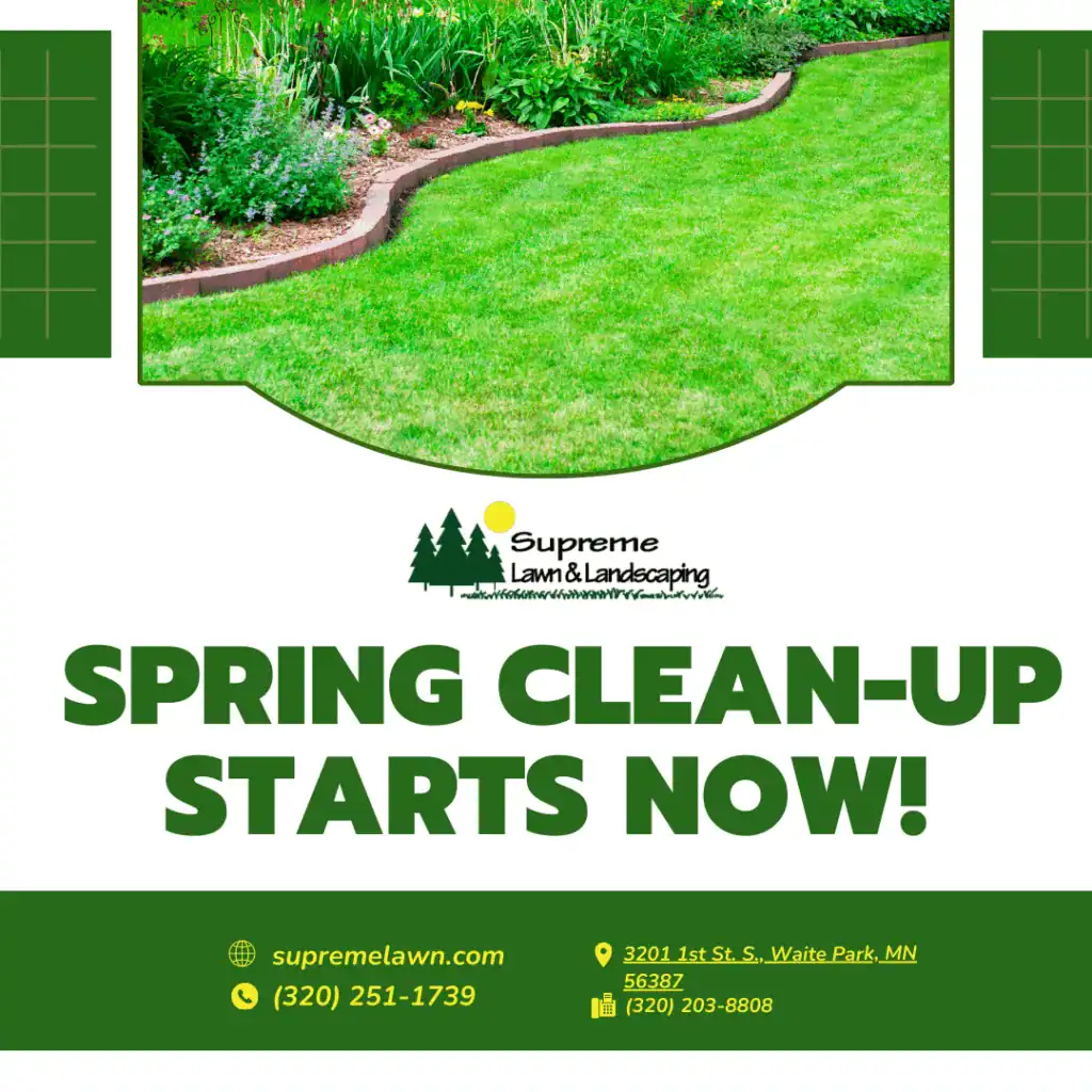 Lawn care and landscaping service advertisement with a lush green lawn and garden.
