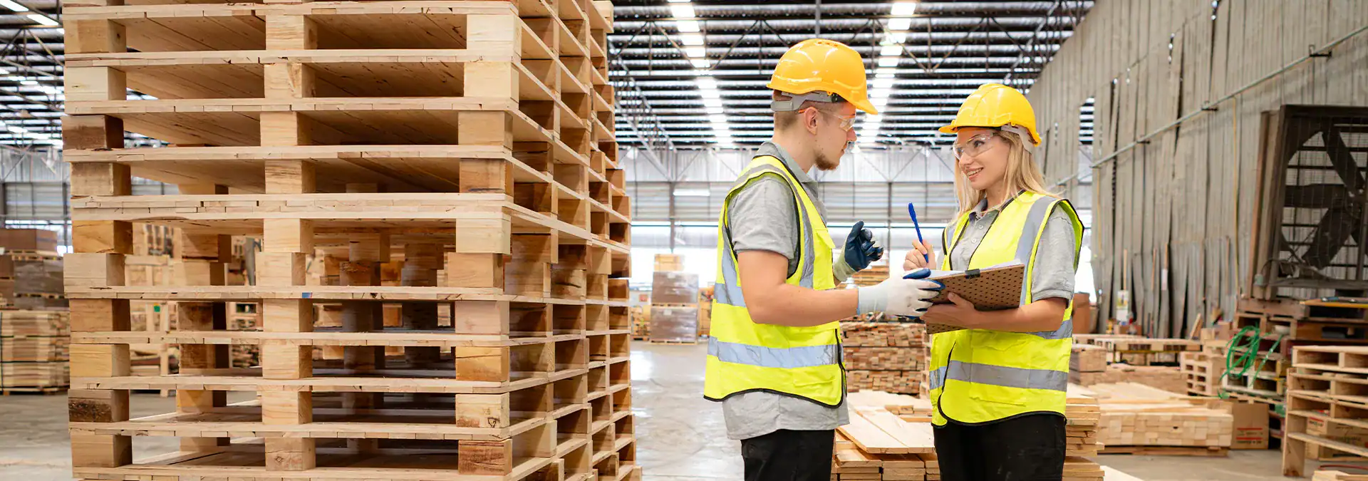 Machinery safety inspection in wooden warehouse.