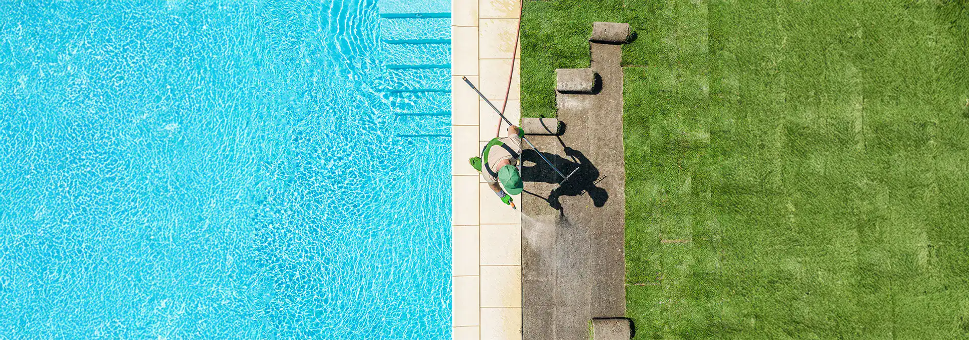 Pool cleaning service by professional with pool skimmer at sunny backyard.