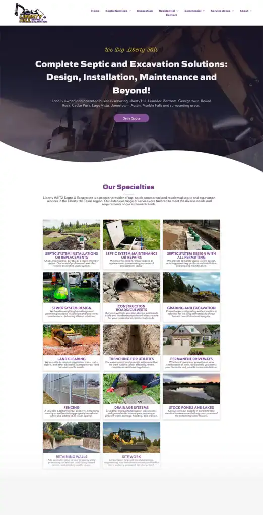 Septic system excavation and repair services in Liberty Hill TX for residential and commercial properties.