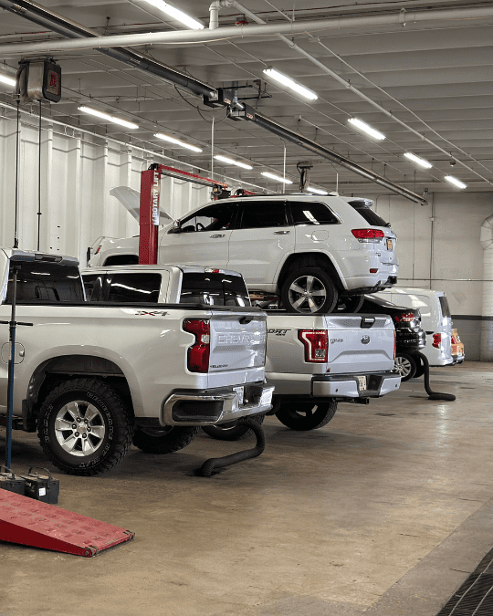 Auto repair garage with multiple vehicles on lifts for maintenance.