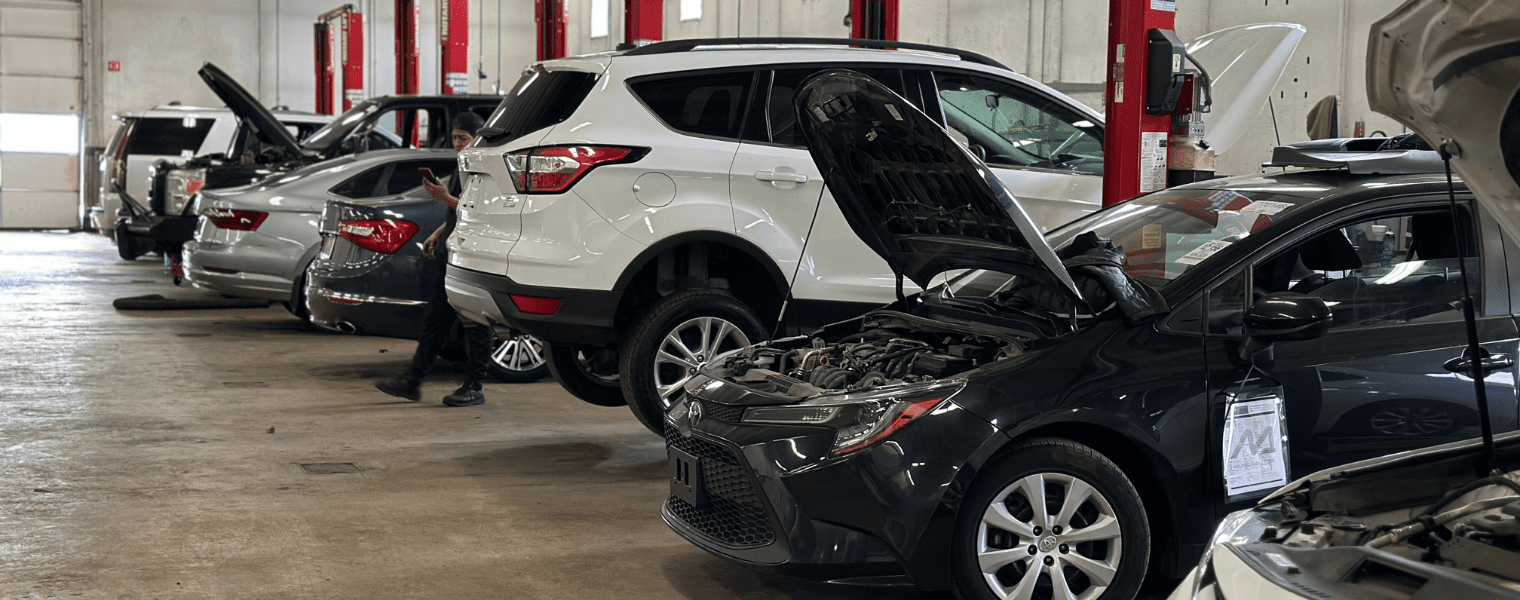 Auto repair shop with various vehicles being serviced.