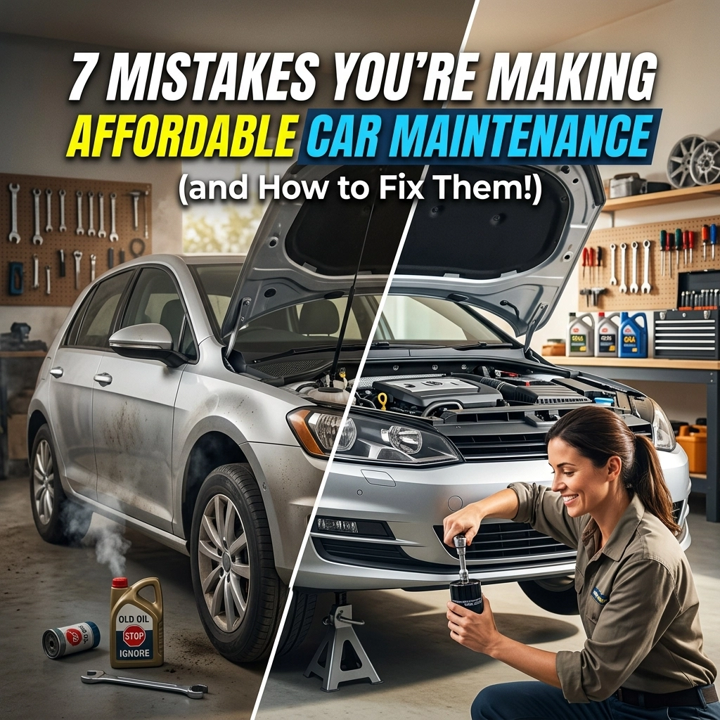 Woman checking oil in car engine during maintenance in garage.
