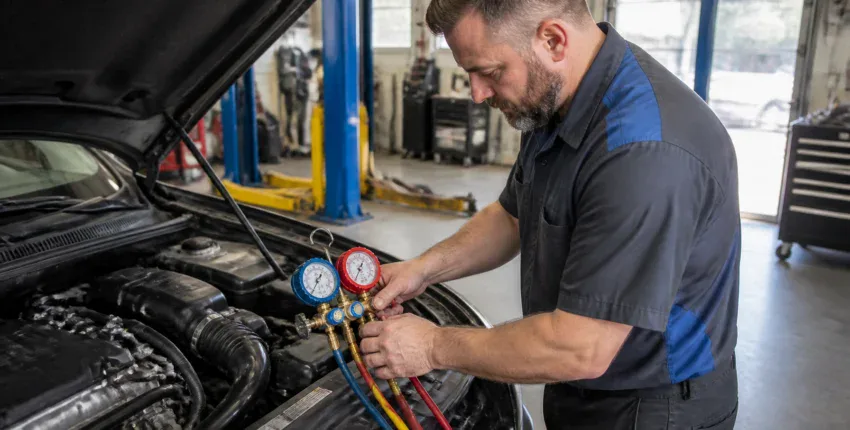 Technician checking car engine with manifold gauge set in auto repair shop.
