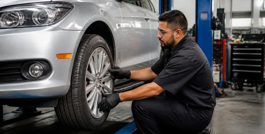 Technician inspecting car tire at Mundo Auto Repair shop.