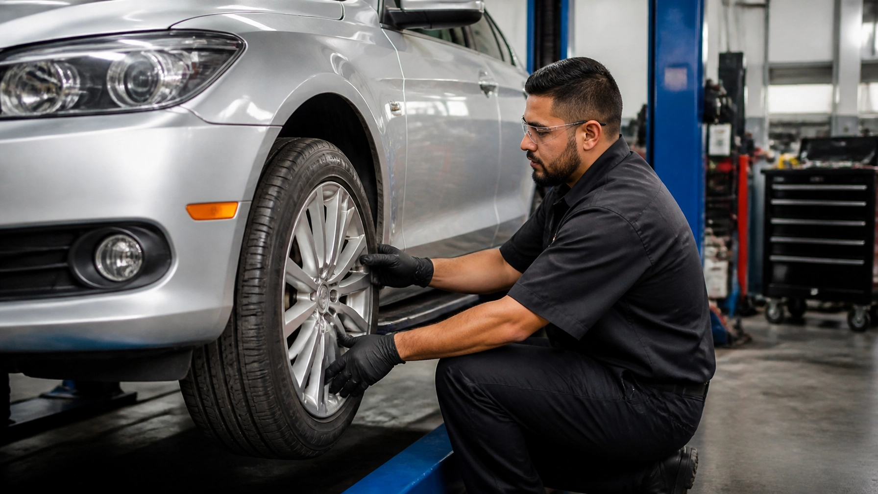Technician inspecting car tire at Mundo Auto Repair shop.