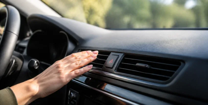 Person adjusting car air conditioning control panel for optimal comfort.