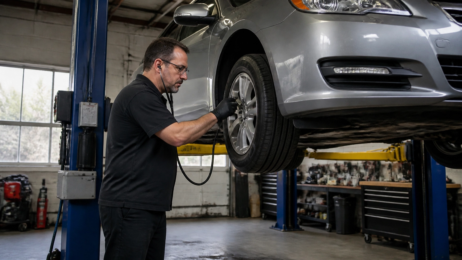 Mechanic using a pneumatic tool on a car's wheel while it's raised on a lift