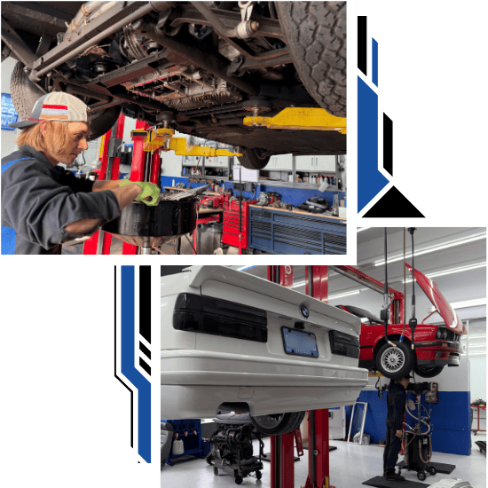 Technician inspecting car underside in auto repair shop.