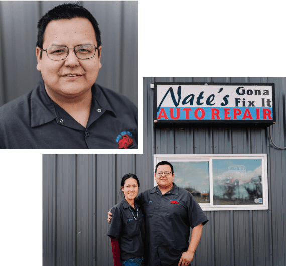 Auto repair shop with Nate and staff smiling outside the business.