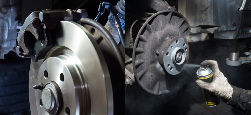 Mechanic inspecting vehicle brake system with new brake pads and rotor.
