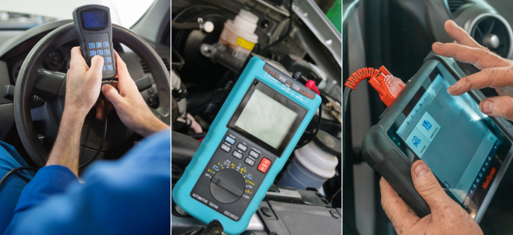 Technician using diagnostic tools to troubleshoot vehicle issues.