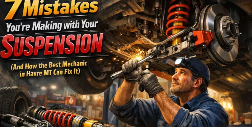 Mechanic working on car suspension system in a workshop.
