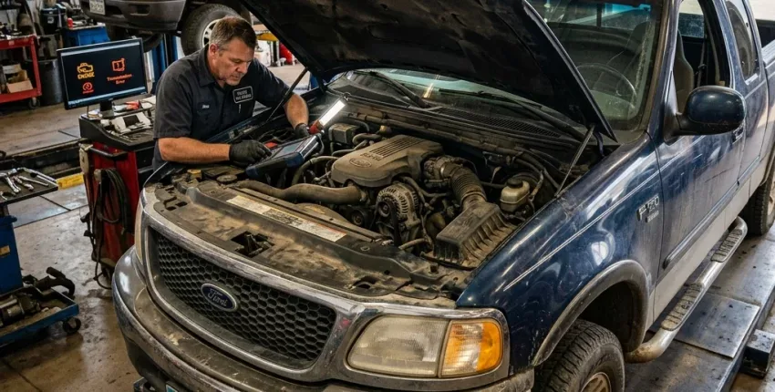 Skilled mechanic repairing engine of a blue Ford truck in auto repair shop.