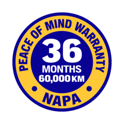 NAPA 36 months, 60,000 km warranty badge for auto parts and service.