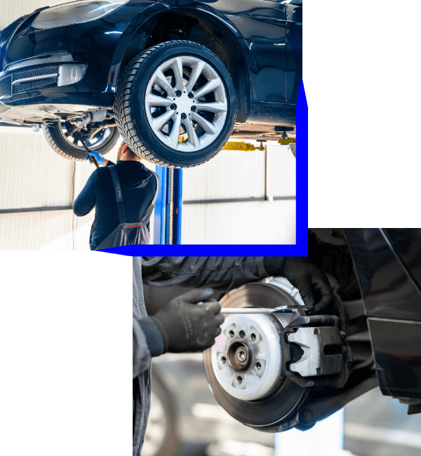 Car lifted on hydraulic lift with mechanic inspecting undercarriage.