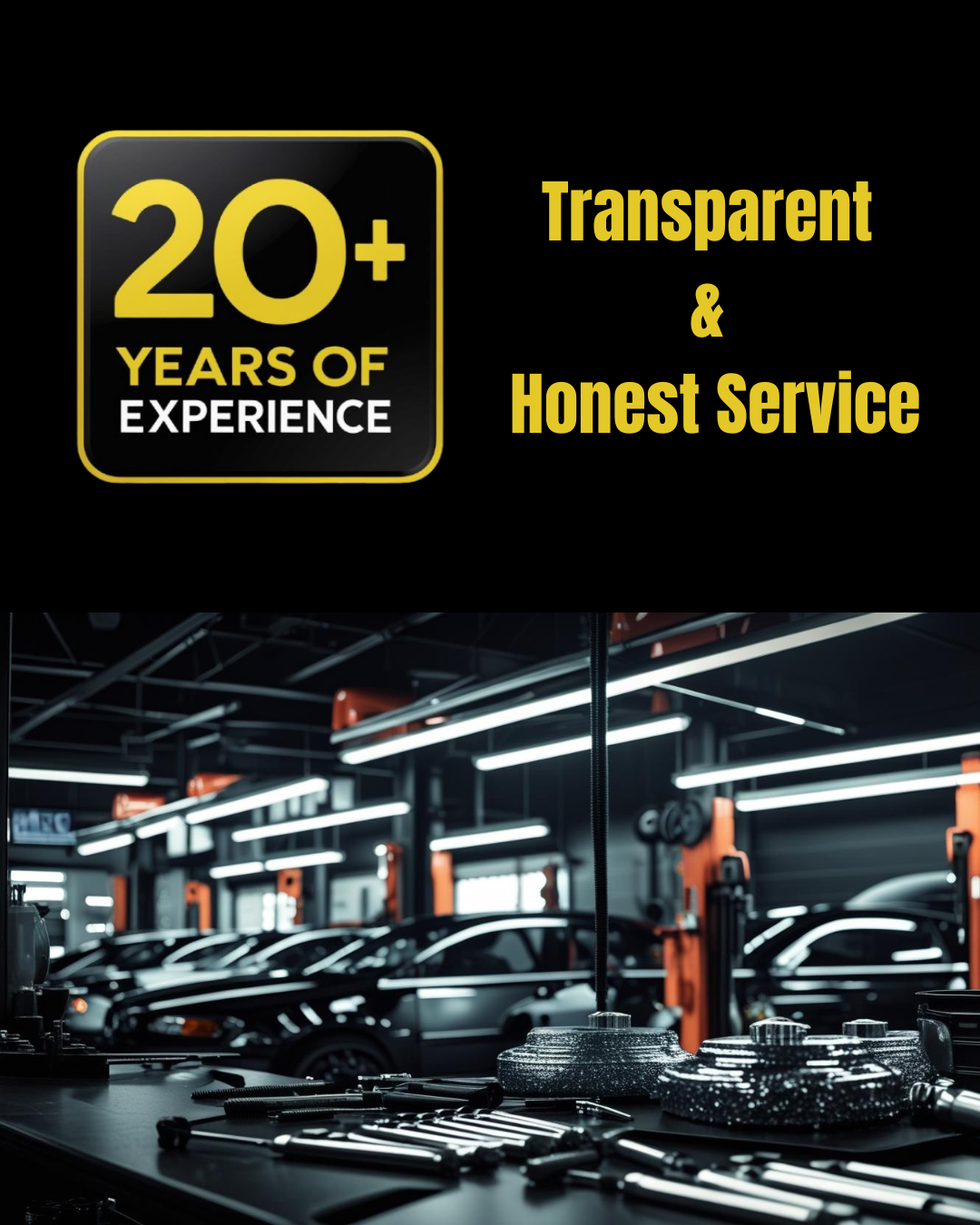 Auto repair shop with modern tools and cars in a professional garage setting.