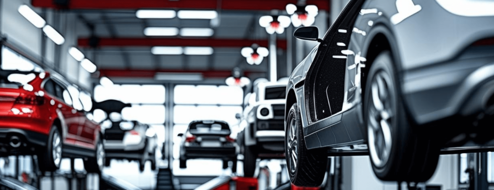 Auto repair shop with multiple vehicles in a service bay.