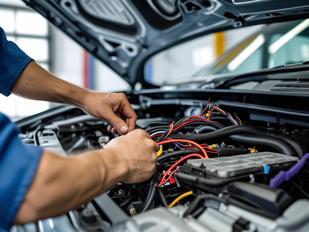Auto repair technician working on car engine wiring.