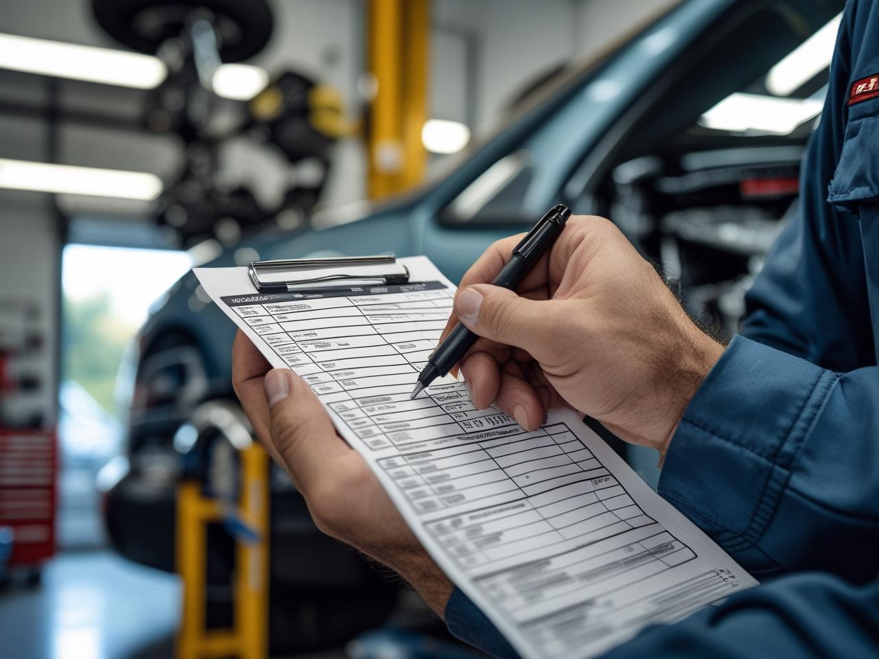 Auto repair technician inspecting vehicle diagnostics.