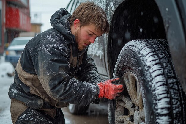 Auto mechanic inspecting snow-covered tire for winter readiness.