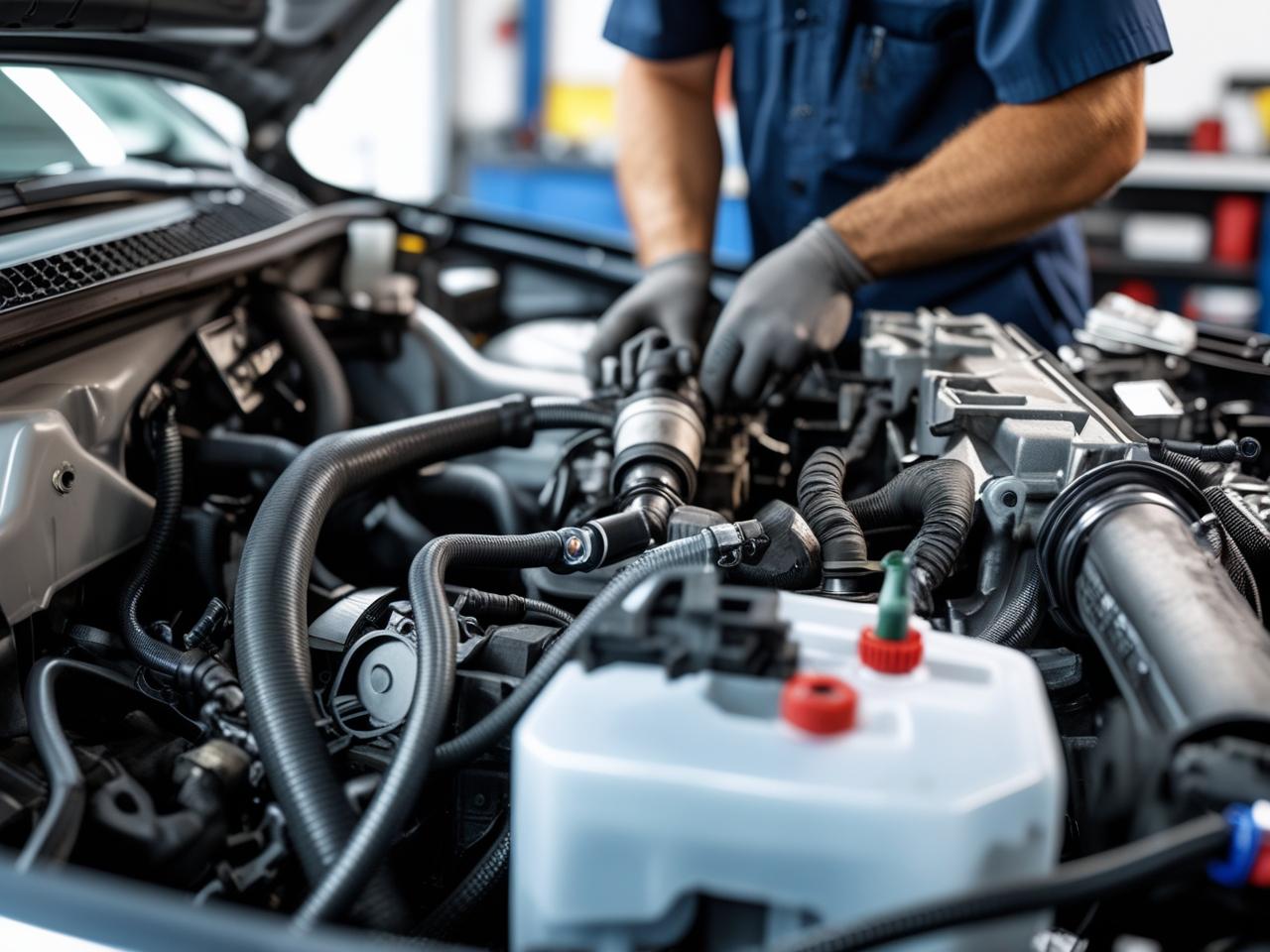 Skilled mechanic working on car engine in auto repair shop.