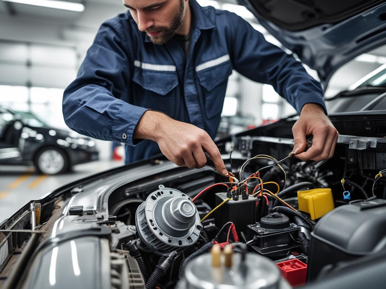 Automotive technician inspecting car engine components for repairs.