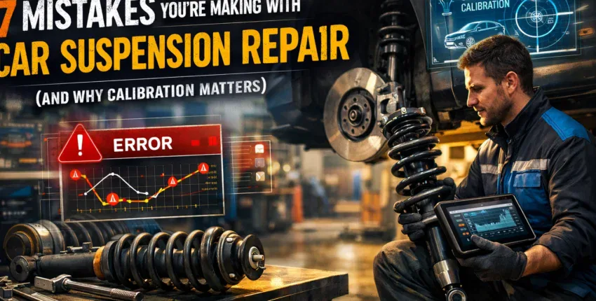 Technician inspecting suspension system with calibration tools at auto repair shop.