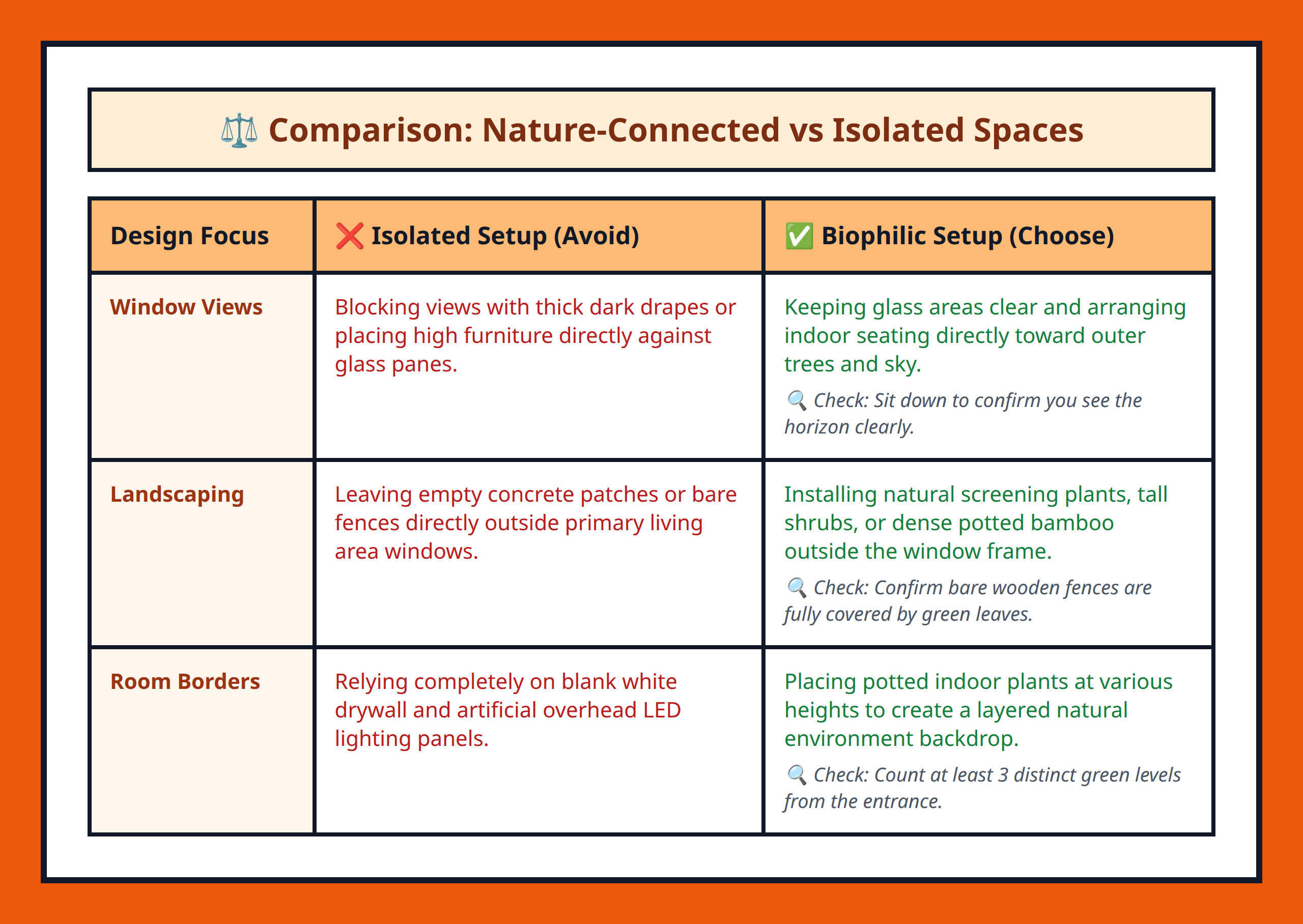 Comparison table contrasting isolated indoor spaces with biophilic connected homes