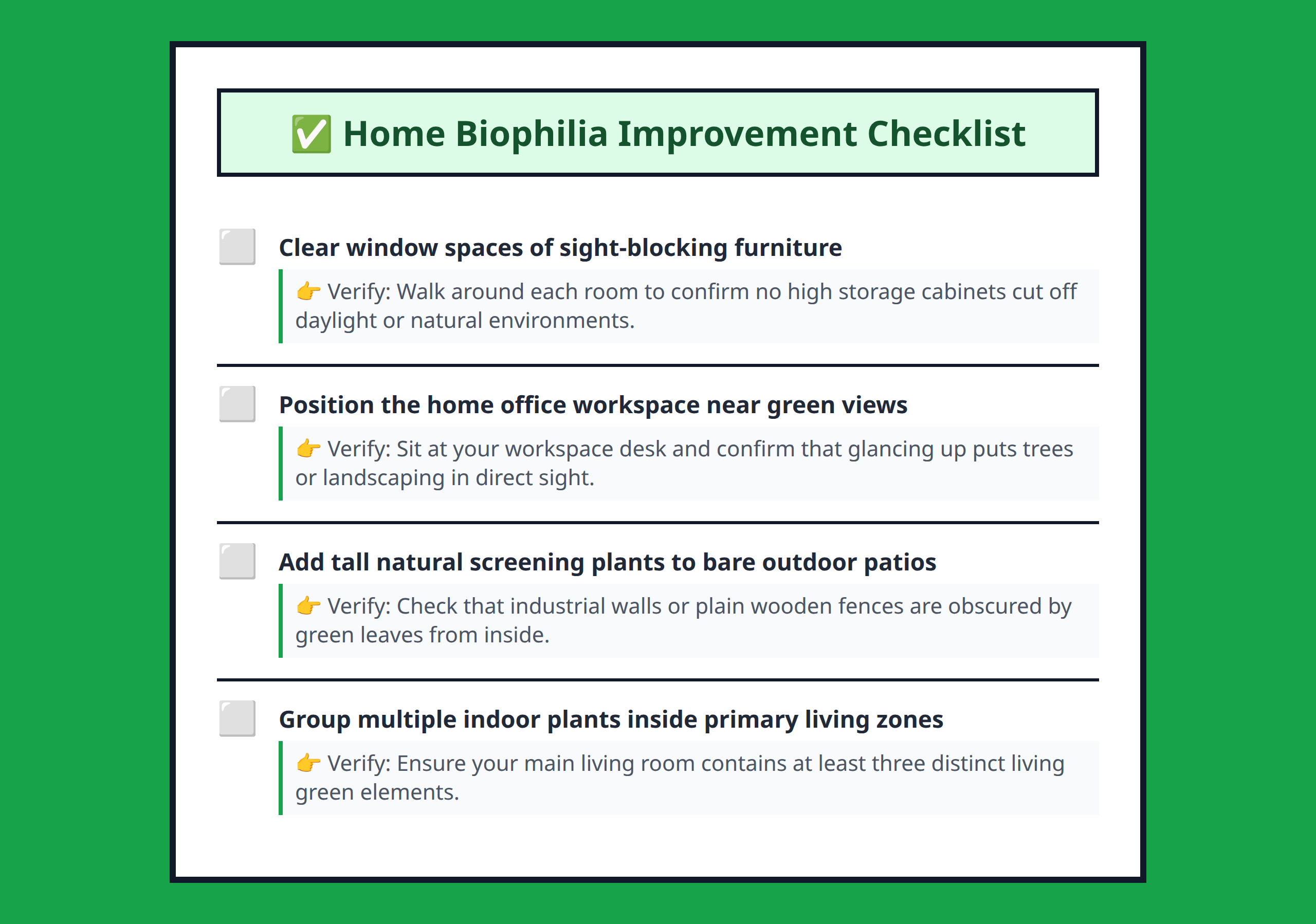 Checklist for optimizing home biophilia with action points and verification signs