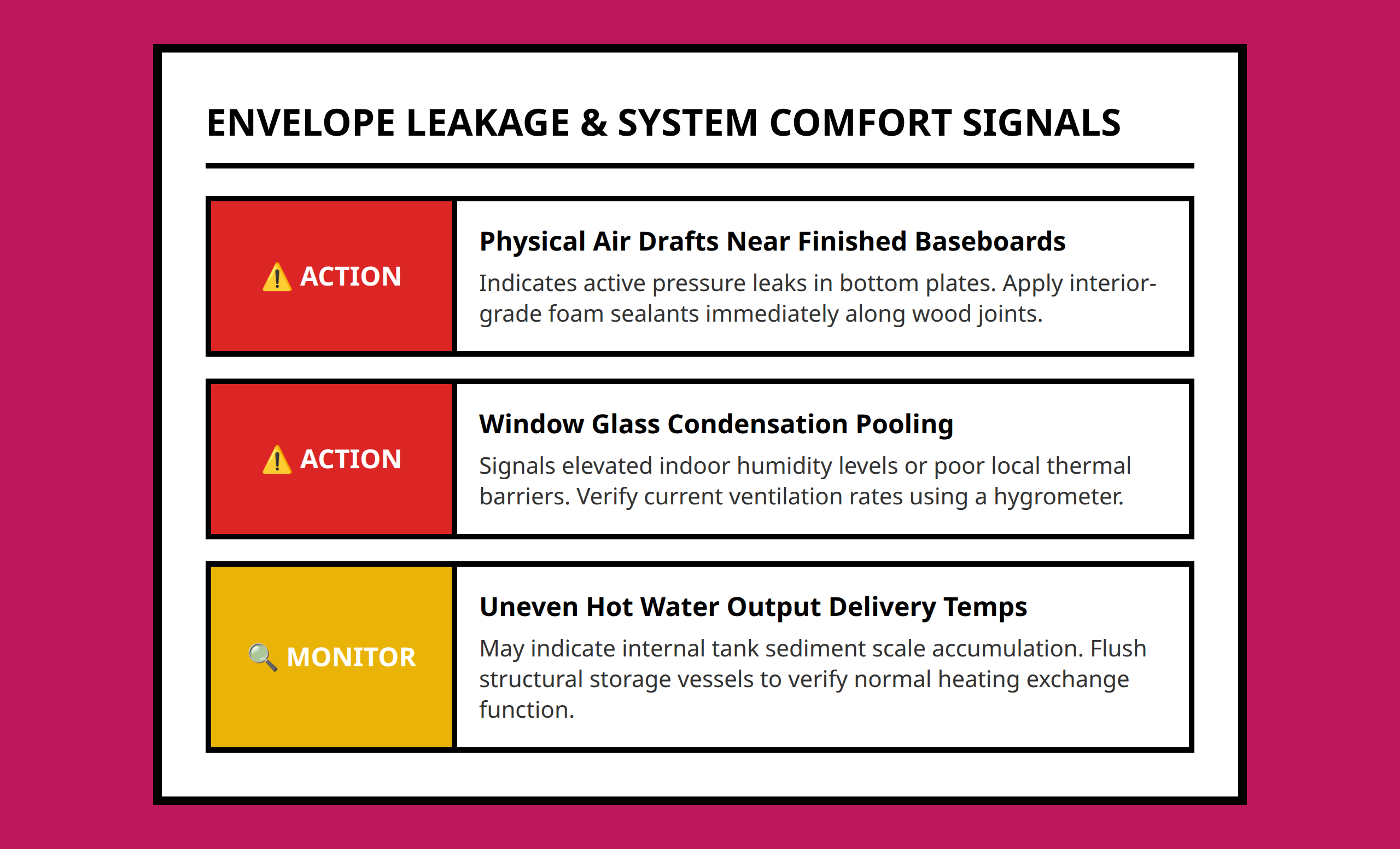 Signal board identifying warning symptoms of envelope leakage and moisture issues
