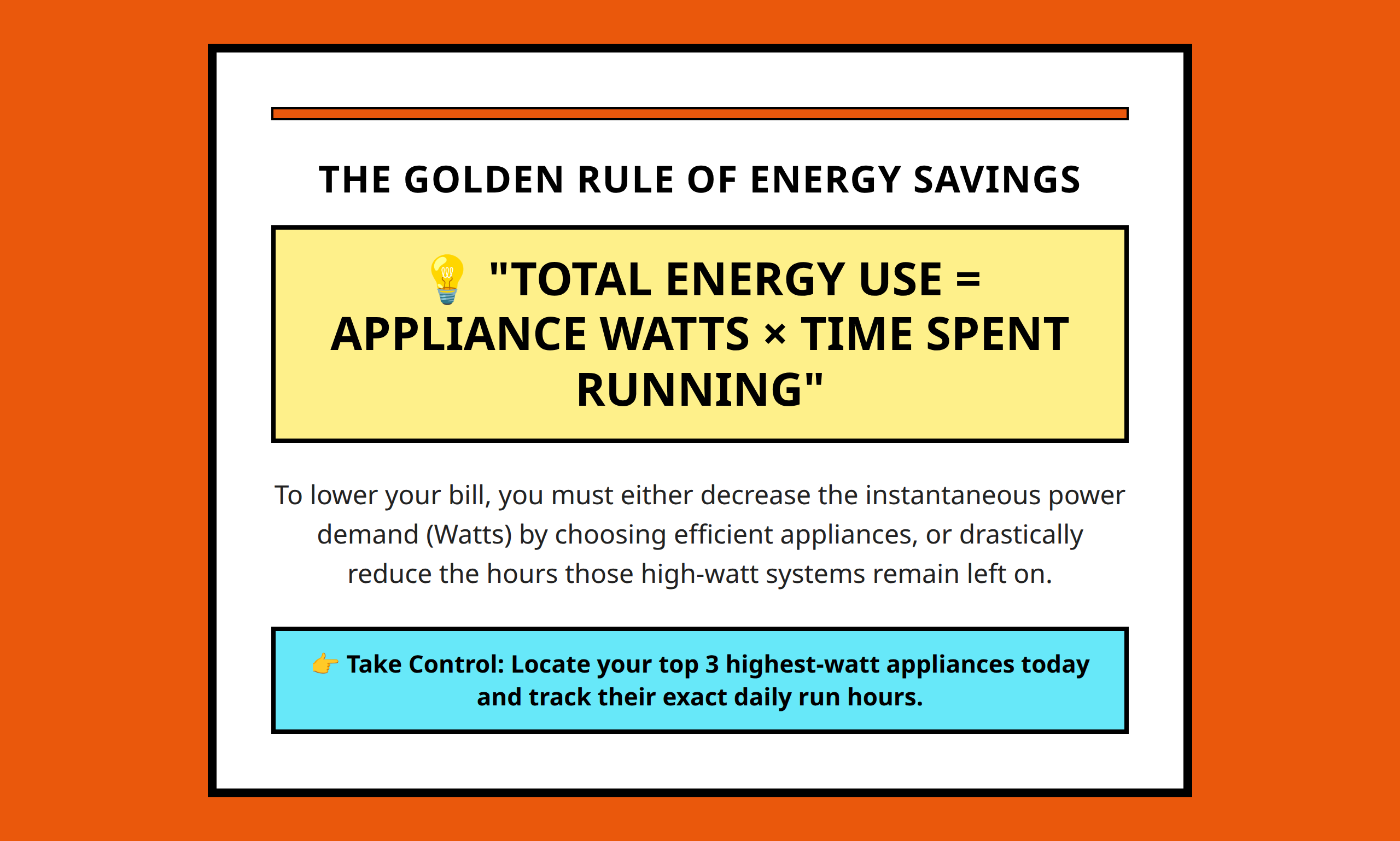 Mini poster framing the core golden rule of household electricity usage and bill control
