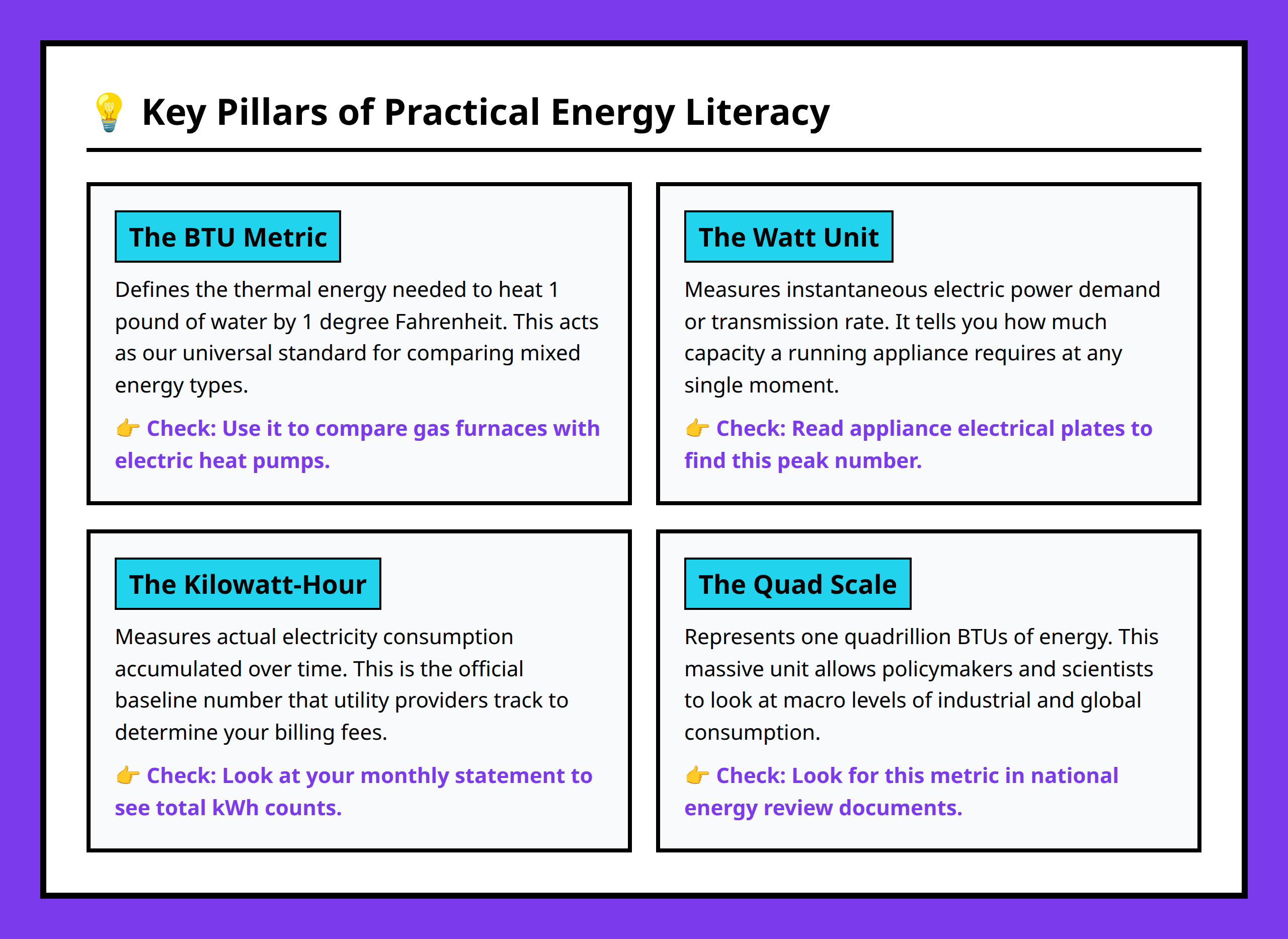 Grid of four cards detailing the basic core concepts of energy literacy and measurements.