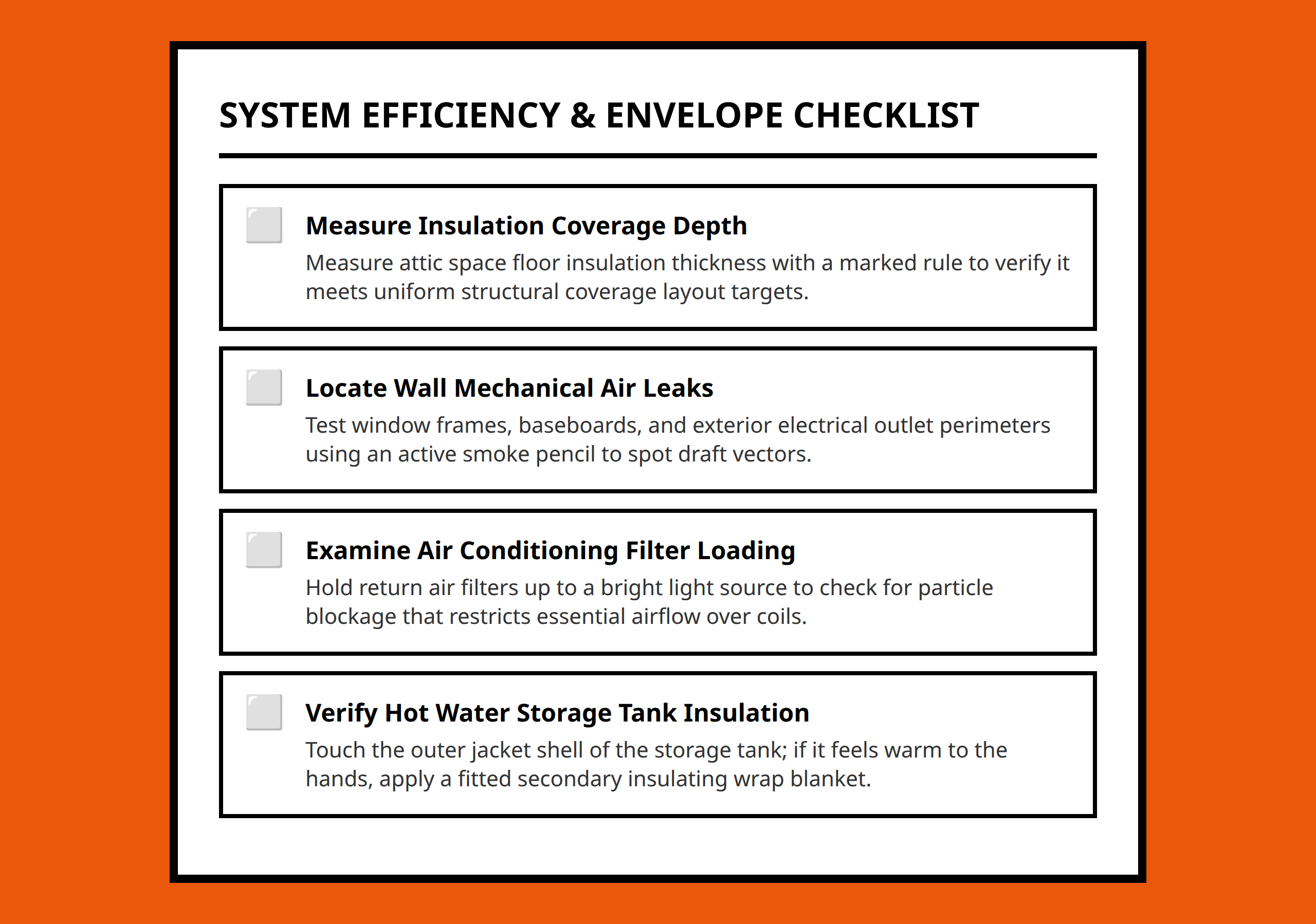 Home energy efficiency checklist for systems maintenance and airtightness verification